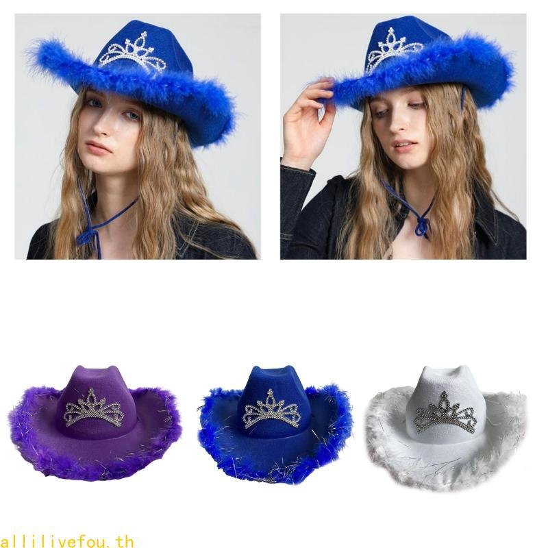 หมวกสไตล์เวสเทิร์นสำหรับCowgirls ดีไซน์Fedoras กับพวงขนฟู