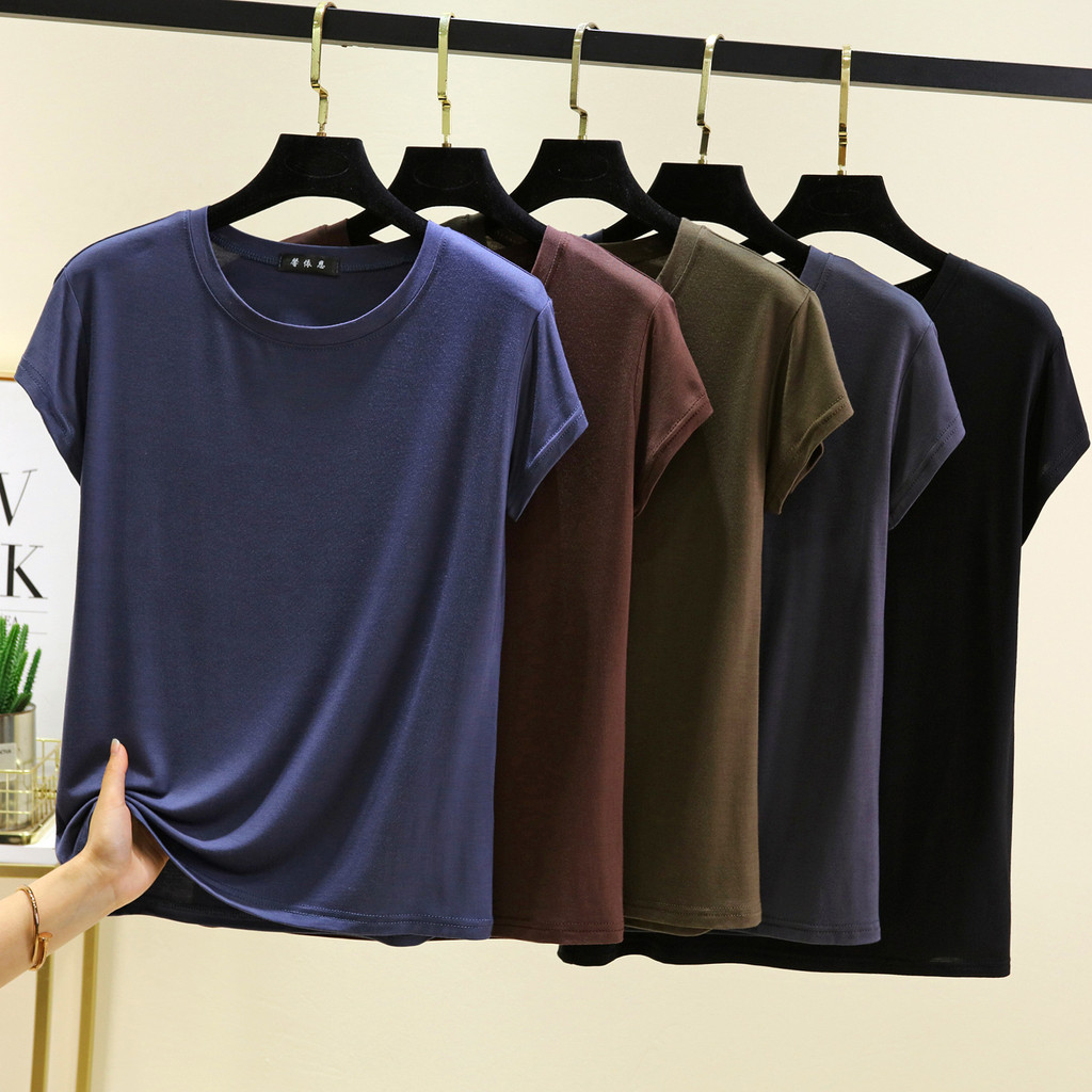Cool Modal เสื้อยืดแขนสั้นผู้หญิงฤดูร้อนรอบคอสีทึบ Bottoming Top ขนาดใหญ่ไขมัน MM Slimmer ดูเสื้อกล้
