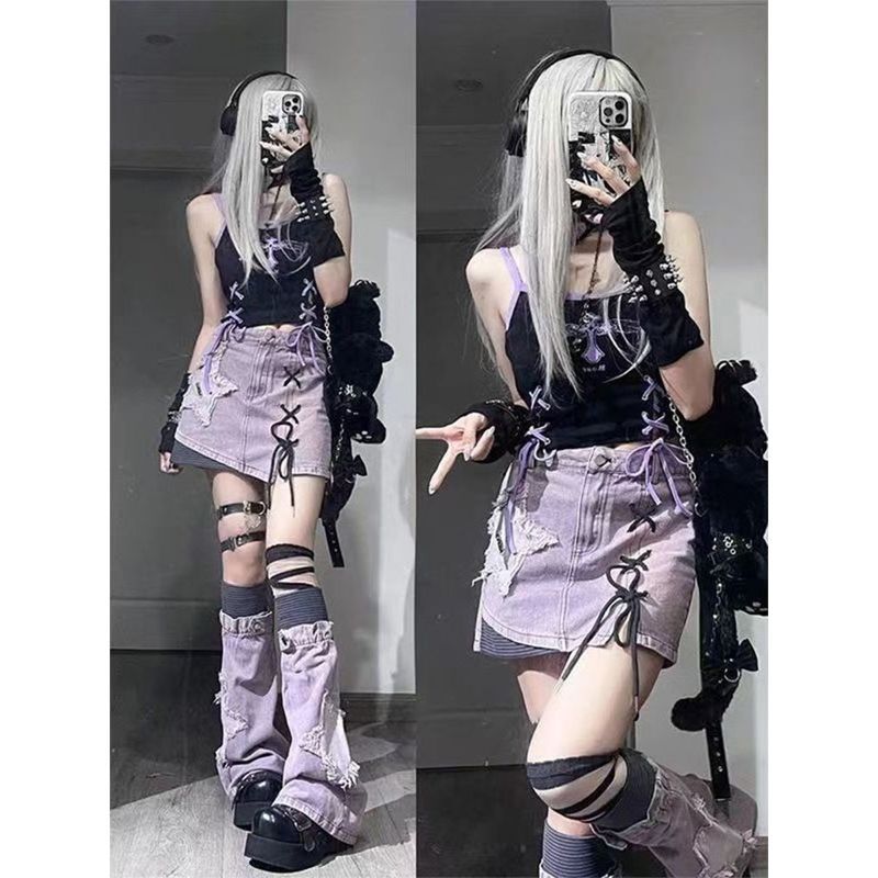 Y2k辣妹紫色星星牛仔半身裙女夏季甜酷亚比小众带腿套短裙两套4-6Y2k Hot Girl Purple Star Denim Skirt for Women, Summer Sweet and Co