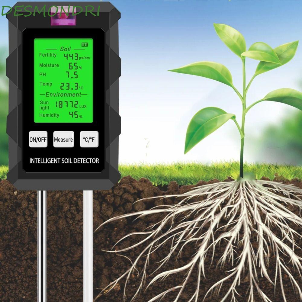 DESMNDRI เครื่องวัดดิน 6 in 1, 6 in 1 จอแสดงผล LCD เครื่องทดสอบ PH, การตรวจจับแสงแดดการตรวจจับความชื