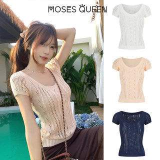 MOSESQUEEN เสื้อเบลาส์แขนสั้นทรงหลวม ลายฉลุ คอปก สำหรับฤดูร้อน #69028