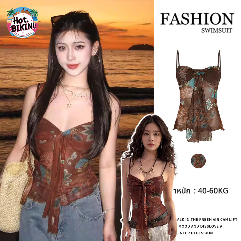 Hot.Bikini🌴🏖️เสื้อสายเดี่ยวแฟชั่น เสื้อสายเดี่ยว ลายวินเทจ ดีไซน์ผูกโบว์หน้าสุดชิค ทรงสวยเป๊ะ สไตล์สายฝอ