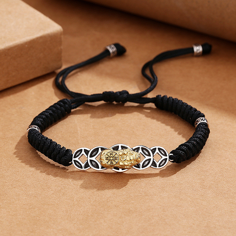 Vintage Thai Silver Coin Pixiu Bracelet Handmade Woven Black Rope Adjustable Bracelet for Men and Wo
