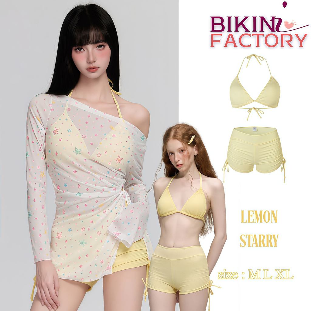 BIKINI FACTORY ชุดว่ายน้ำบิกินี่ 3 ชิ้น ผู้หญิง สีเหลือง เสื้อคลุมซีทรู + กางเกงขาสั้น ใส่ถ่ายรูปทะเล M-XL Y437