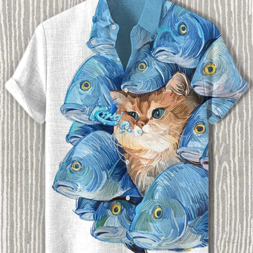 3D เสื้อเชิ้ตแขนสั้นผู้ชายคุณภาพสูง Desert Pyramid Cat พิมพ์ปุ่มคลาสสิก Casual Breathable Streetwear QQMO