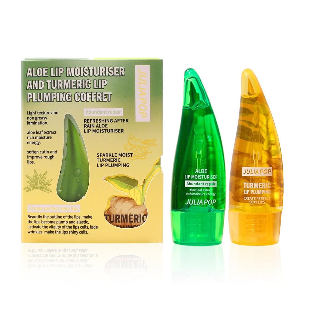 2 แพ็คขมิ้น Plumping Lip Gloss & Aloe Lip Essential Oil Set, Natural Lip Care & Lip Enhancer Set, Li