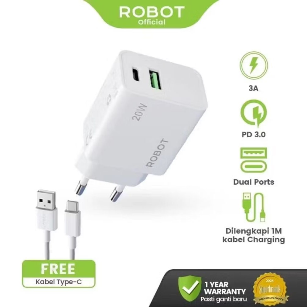 ROBOT RT-P7 Type-C อะแดปเตอร์ชาร์จ Dual Port 2 USB-A+C 20W 3A Fast Charging ของแท้
