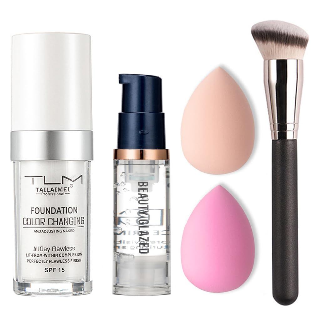 5PCS TLM สีเปลี่ยน Foundation ชุดแต่งหน้า Matte Liquid Full Coverage Oil Control Breathable ที่มองไม