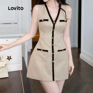 Lovito แคชชวล ชุดเดรสสีบล็อกปุ่มสำหรับผู้หญิง สไตล์ฤดูใบไม้ผลิ/ฤดูร้อน L143ED612