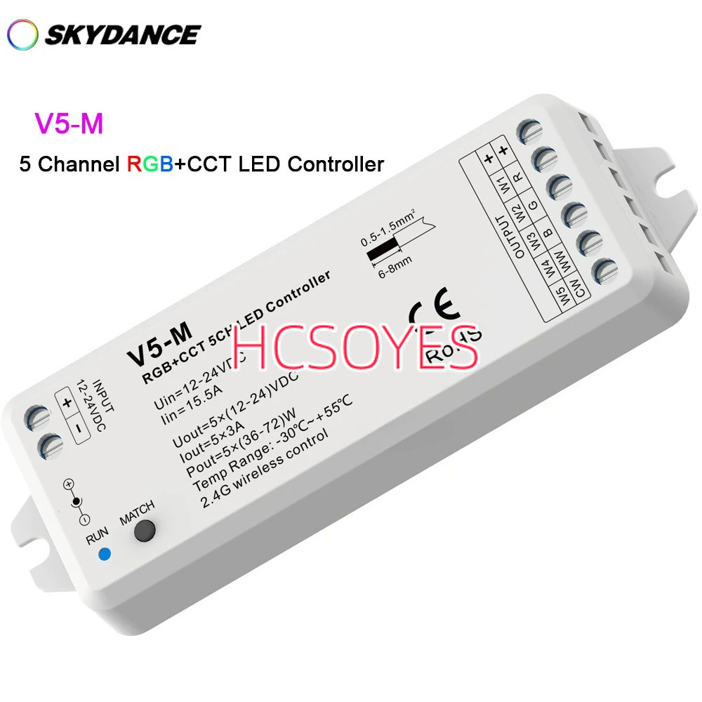 Skydance V5-M RGB + CCT 5CH LED strip Controller 5CH*3A 12-24V DC power socket อินพุต Auto-ส่ง RF 2.