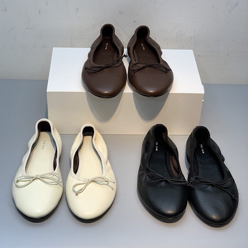 41EY The Row Genuine leather round-toe bow ballet shoes, maternity egg roll shoes, soft-soled comfor