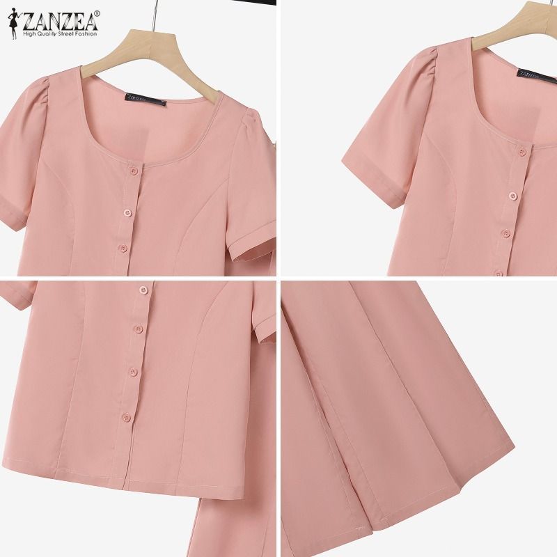 ZANZEA ซานเซีย เสื้อเบลาส์แขนสั้นคอเหลี่ยมทุกวันของผู้หญิงสไตล์เกาหลีกางเกงขายาวชุดสองชิ้น — صورة 8