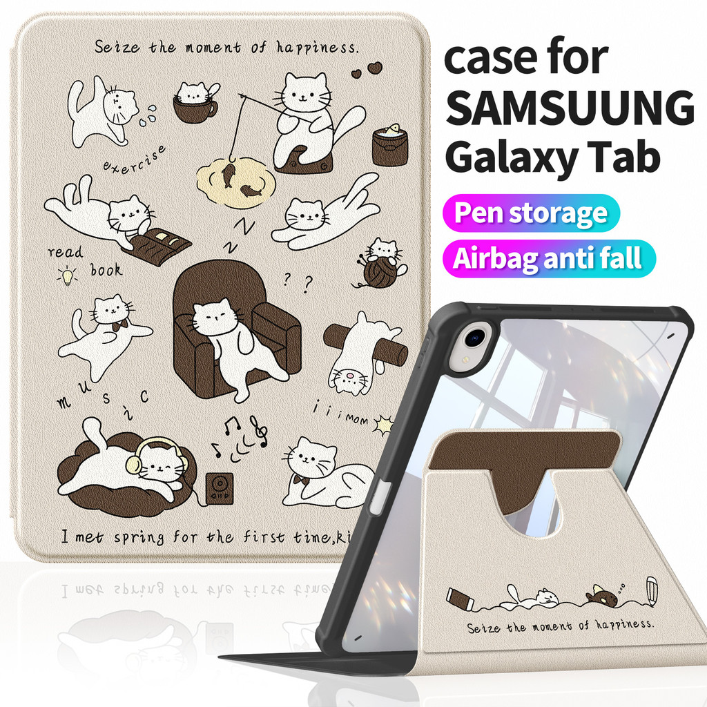 เคสสําหรับ Samsung Tab S10+ Plus 12.4" | Tab S9+ S8+ หนัง PU หรูหราพิมพ์ลายน่ารัก | ด้านหลังอะคริลิคใส | Anti-stain Cover Tab S10 Ultra 360° ก1345 小猫