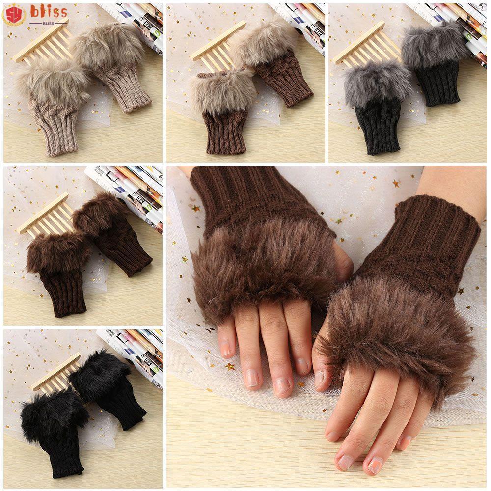 BLLISS ถุงมือข้อมือ faux fur กระต่าย สำหรับฤดูหนาว