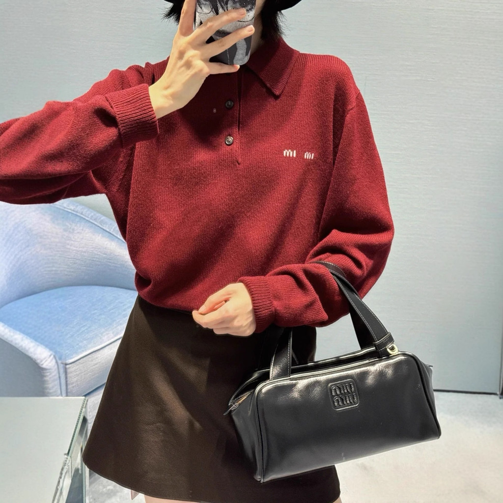 DRAK MM*m1u Wool Knitted Long Sleeve Sweater Vintage Wine Red Layered Wear logo Jacquard Design