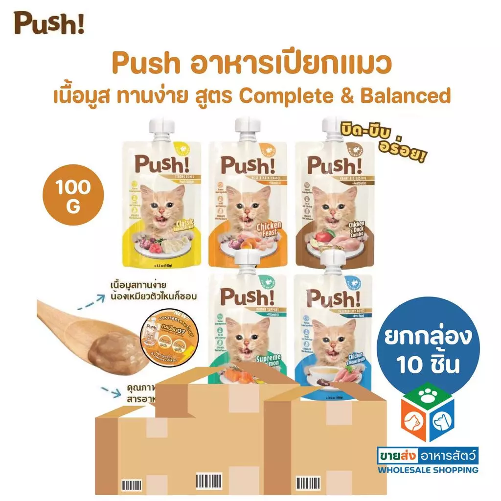 [ยกกล่อง 10 ซอง] Push พุช อาหารเปียกแมว สูตร Complete & Balanced เนื้อมูสนุ่ม ทานง่าย ขนาด 100 กรัม