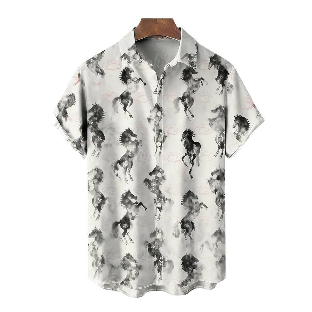 เสื้อแขนสั้นฮาวายสีแดงสำหรับผู้ชาย เหมาะสำหรับปีใหม่และงานเลี้ยง มงคลปีม้า - รูปที่ 5