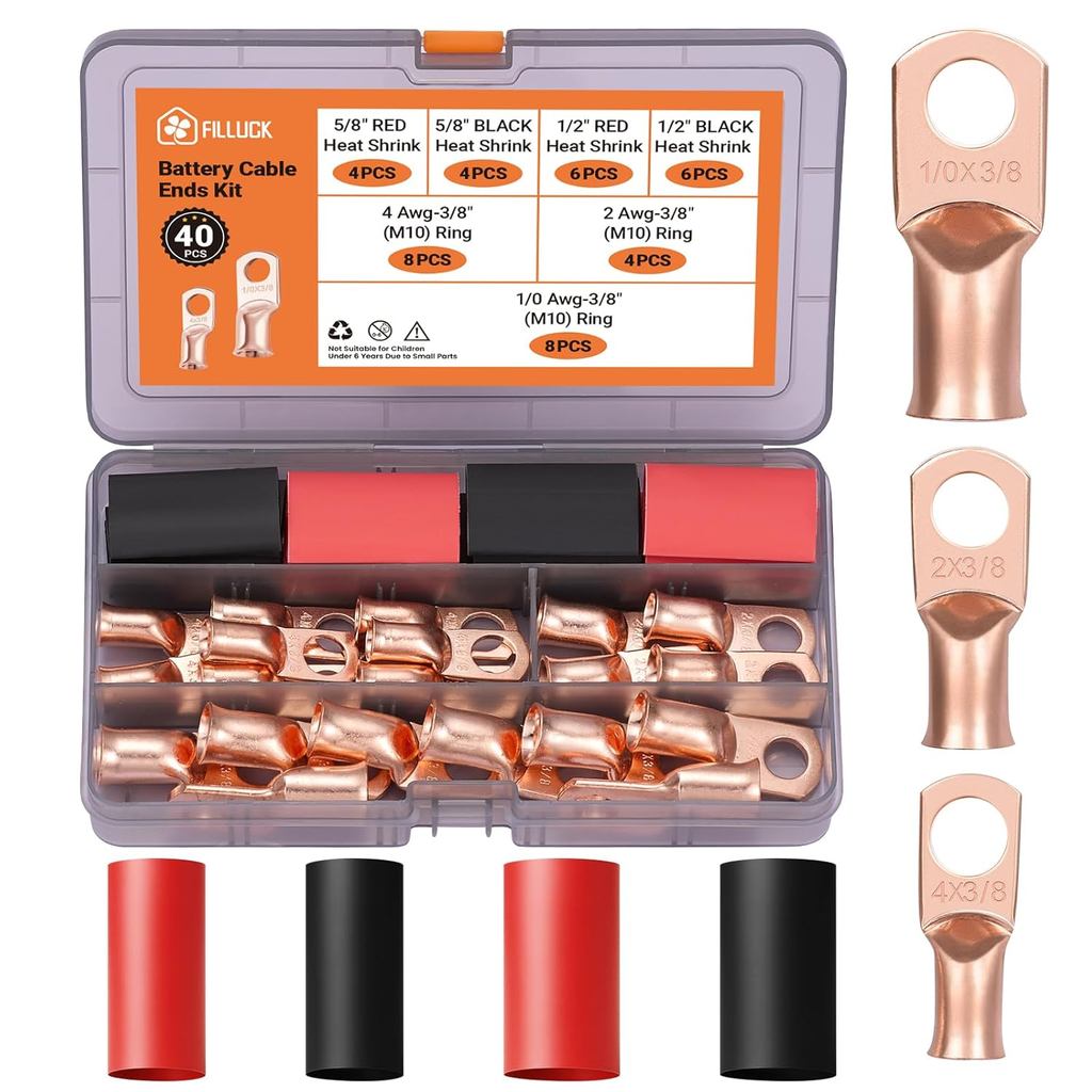 40pcs แบตเตอรี่สายสิ้นสุดชุด,1/0 AWG 2 AWG 4 AWG ทองแดง Lugs,0 วัด 00 Gauge Heavy Duty Wire lugs, 3/