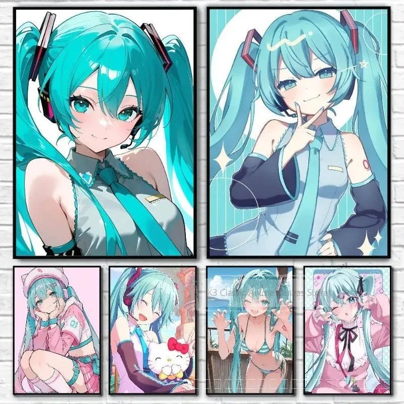 1PC H-Hatsune Miku โปสเตอร์ผ้าใบศิลปะสติกเกอร์กระดาษกันน้ํา Coffee House Bar Room Wall Decor
