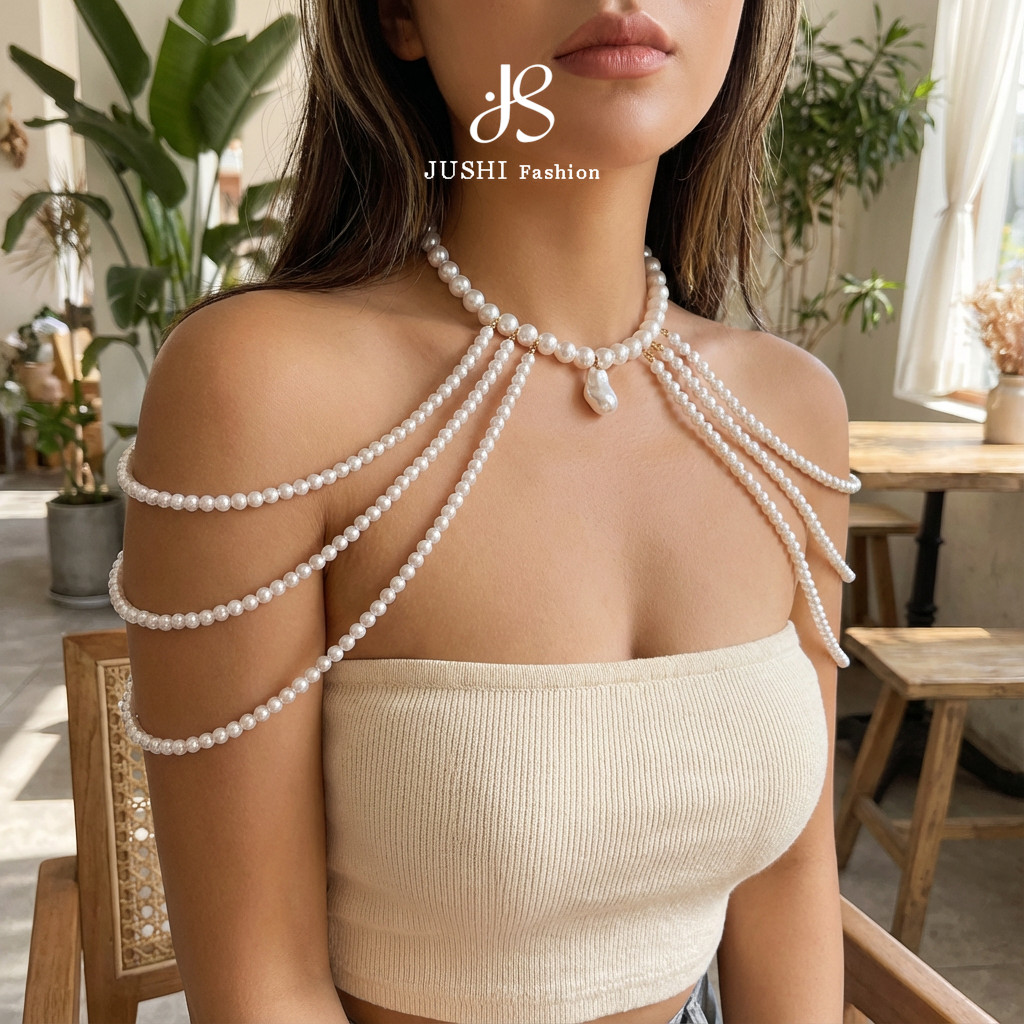 JUSHI Pearl Body Chain Y2K Layered สร้อยคอไหล่เครื่องประดับ Slinky เจ้าสาว Beach Party อุปกรณ์เสริม Boho ความงามของขวัญสําหรับผู้หญิงแฟชั่น