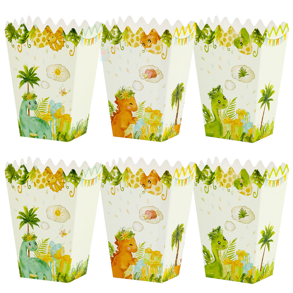 6 ชิ้น Dino Popcorn กล่องขนมชิปกล่องขนมขบเคี้ยวสําหรับธีมไดโนเสาร์วันเกิด Party Supplies