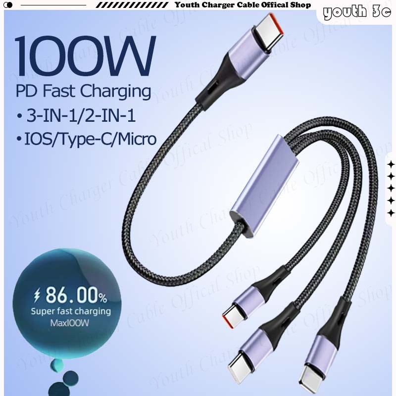 Type C 1-to-3/1-to-2 สายชาร์จโทรศัพท์แบบถัก 100W Super Fast Charge Data Cable 6A สายชาร์จรถยนต์สําหรับ ios/Type C/Micro