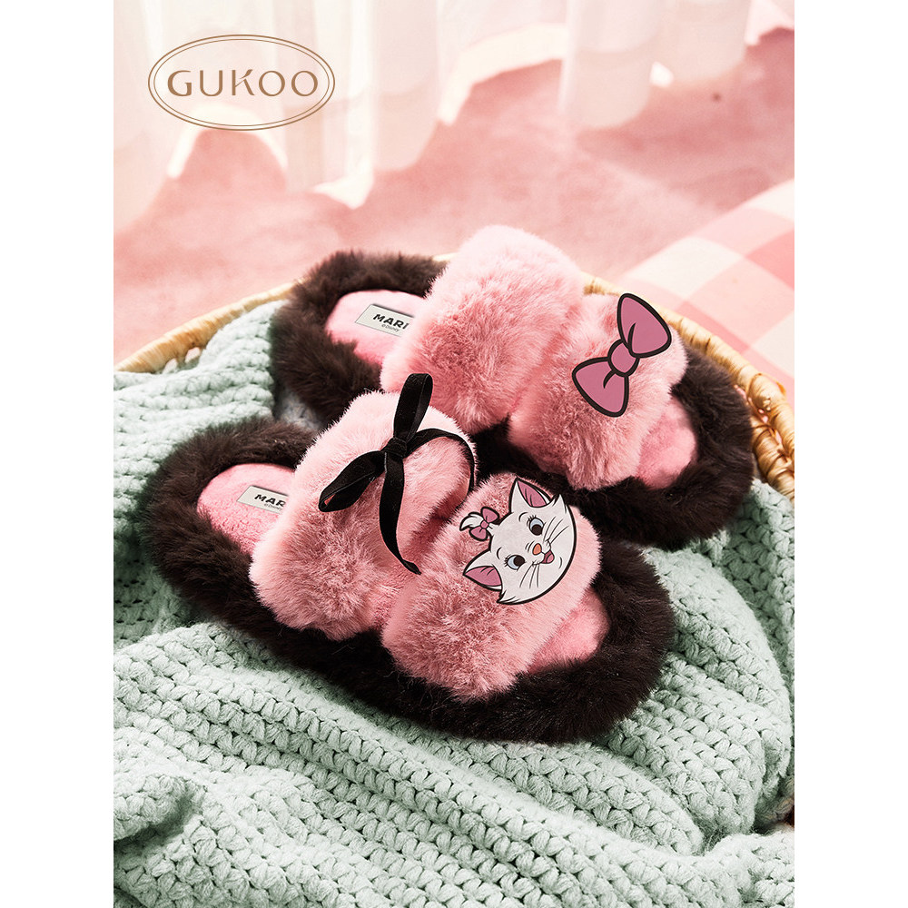 Gukoo/Gukoo รองเท้าแตะสุดฮอตสำหรับฤดูหนาว Mary Cat Co-branded Home Furnishing Floor Drag Cutie Sweet