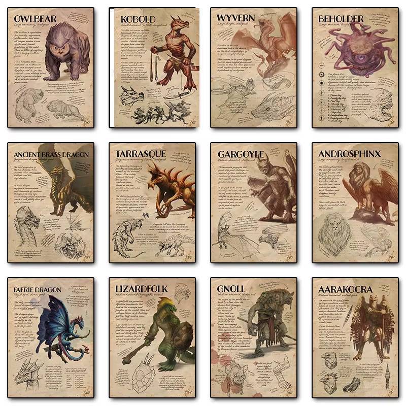 Vintage D&D Monster โปสเตอร์เกมคู่มือ Dungeons & Dragons ผ้าใบ Wall Art สําหรับห้องเกมและตกแต่งบ้าน