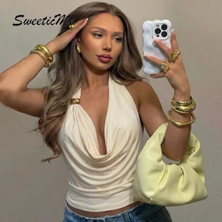SweeticMe เสื้อสตรี แฟชั่นเซ็กซี่ halter camisole คอวีลึก สไตล์ไม่สม่ำเสมอ