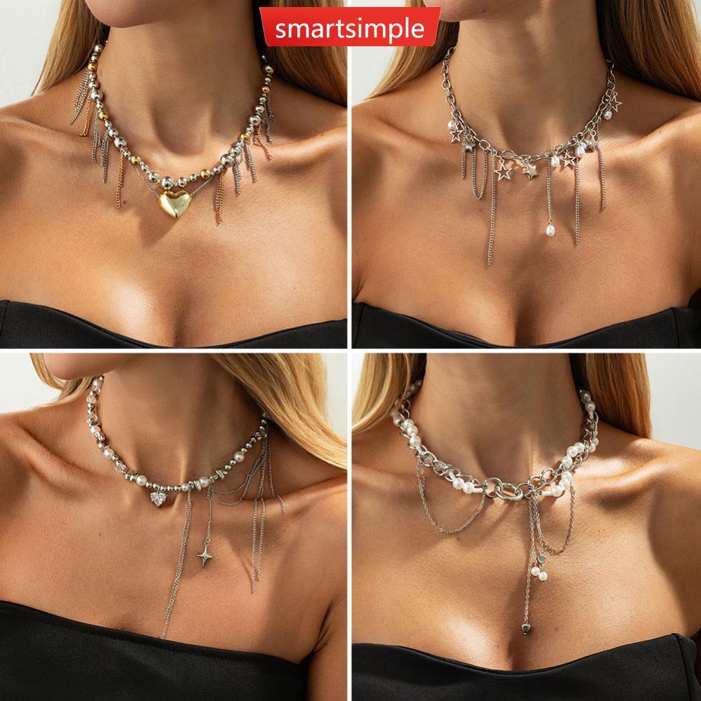 SMARTSIMPLE หวาน Cool พู่หัวใจจี้สร้อยคอ Faux Pearl Chain Minimalist Collarbone CHAIN Choker Niche อ