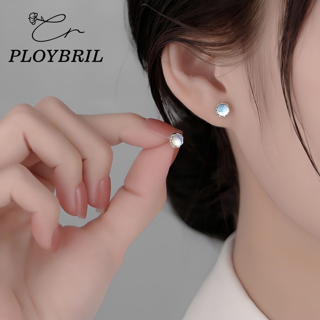 PLOYBRIL ต่างหูเงินแท้ Moonstone ต่างหูพลอย สไตล์ใหม่ ต่างหูแฟชั่น ต่างหูผู้หญิง Valentine ของขวัญ E062