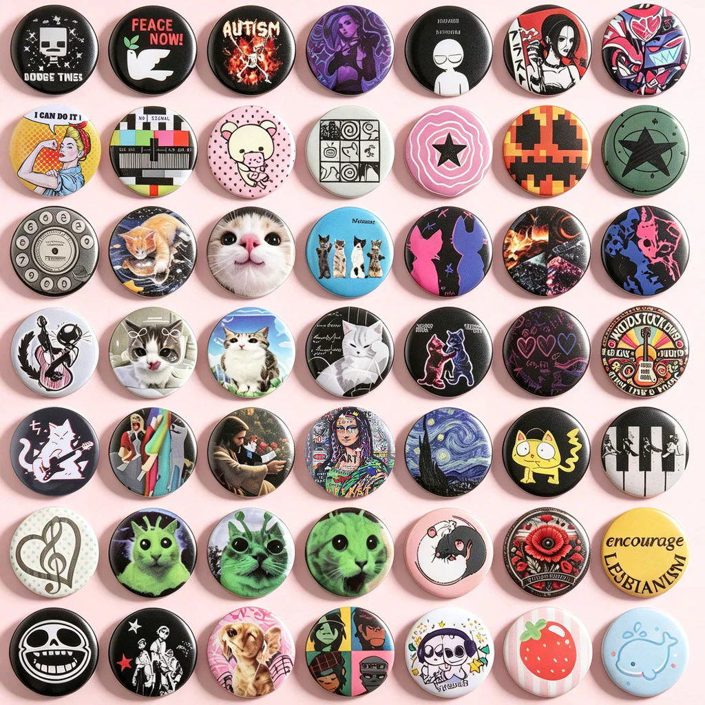 100 รูปแบบอะนิเมะตัวอักษร Tinplate Pin Cat Cool Designs Badge Vintage Rock Art เข็มกลัดอินเทรนด์ชุดอุปกรณ์เสริม