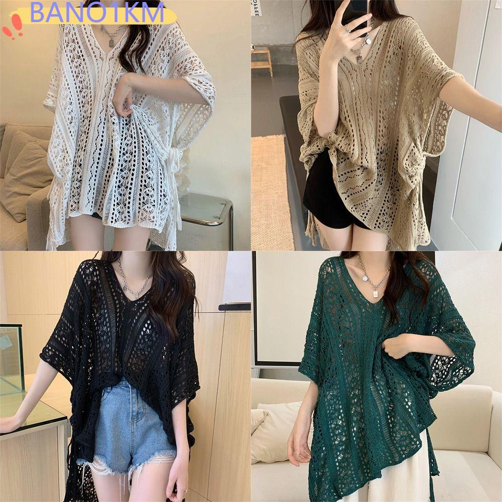 BANO1KM เสื้อคลุมว่ายน้ำผู้หญิง ทำจาก Krochet V คอ ออกแบบให้มีความโปร่งและสวมใส่สบายในฤดูร้อน