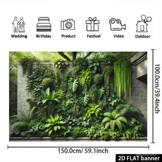 A 2D Tropical Rainforest Plant Wall Backdrop Featuring Monstera, Ferns, Hanging Greenery, Large Broadleaf Plants, And a