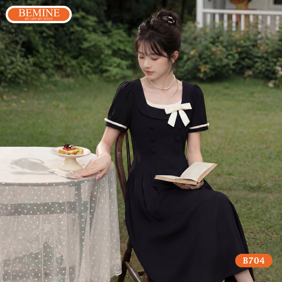 BEMINE เดรสดีไซน์คอเหลี่ยมและชายโบว์ทรงเอเหมาะสําหรับออกไป-B704