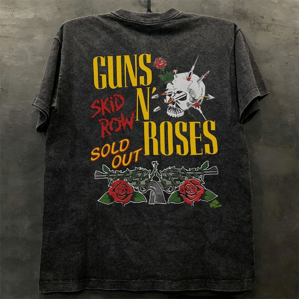 Guns N Roses Gun Flower Band Rose Skull Rock Washed Distressed