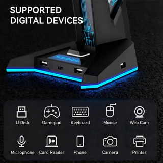 SPRISE ขาตั้งหูฟังสําหรับเล่นเกม LED ไฟหายใจคอมพิวเตอร์เดสก์ท็อปจอแสดงผล USB HUB พอร์ตสําหรับพีซี 9 สีอ่อน 4 พอร์ต