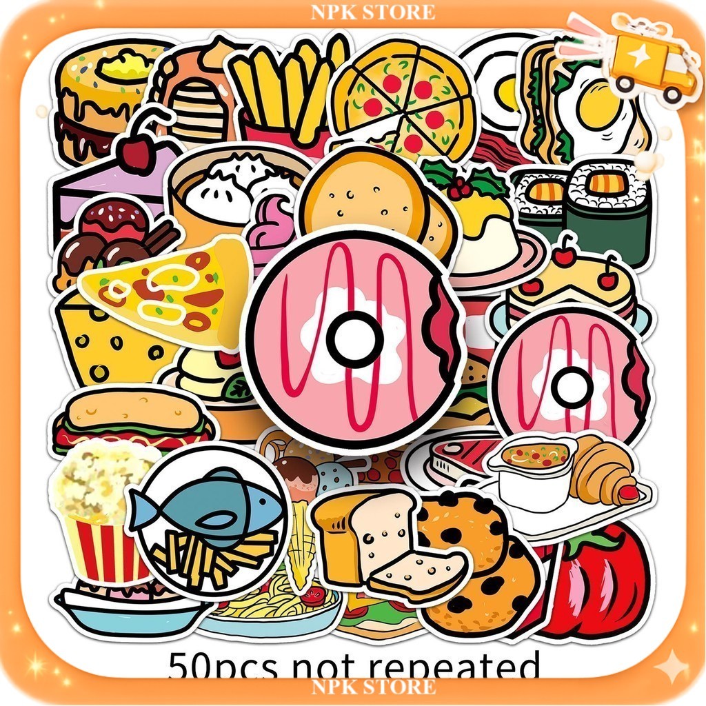 🔥🇹🇭พร้อมส่ง🇹🇭🔥 50แผ่น อาหาร ขนม ลายการ์ตูน Fast Food Dessert Sushi Pizza Icecream Cartoon  Sticker