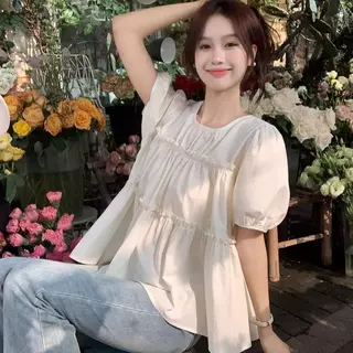 เสื้อเชิ้ตแขนตุ๊กตา ทรงเค้กหลวมๆใส่สบาย ปิดหน้าท้องได้ดี แฟชั่นฤดูร้อนสไตล์เกาหลี-พร้อมส่งจากไทย-รุ่นW630
