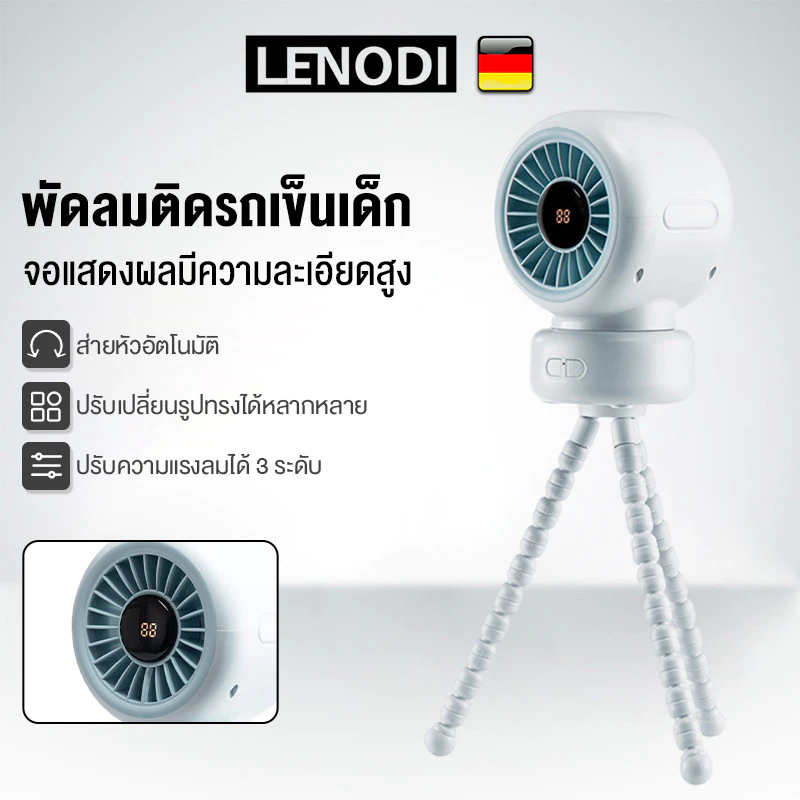 LENODI พัดลมเด็กติดรถเข็น Stroller Fan พัดลมมีไส้กรอง พัดลมกรองฝุ่น กรองอากาศ จอ LED ซิลิโคนเกรดอาหาร