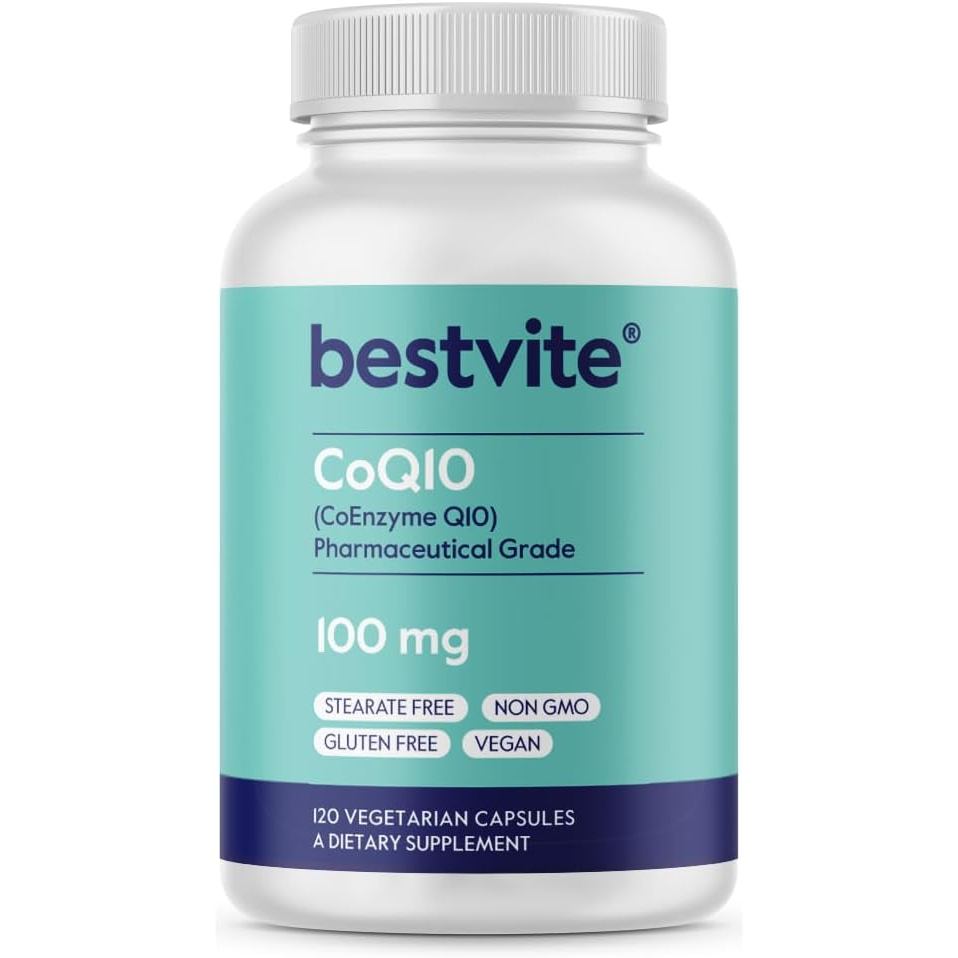 BESTVITE Coenzyme Q10 100mg (120 แคปซูล) ไม่มีสารละลาย ปลอดภัยจาก GMO และกลูเตน