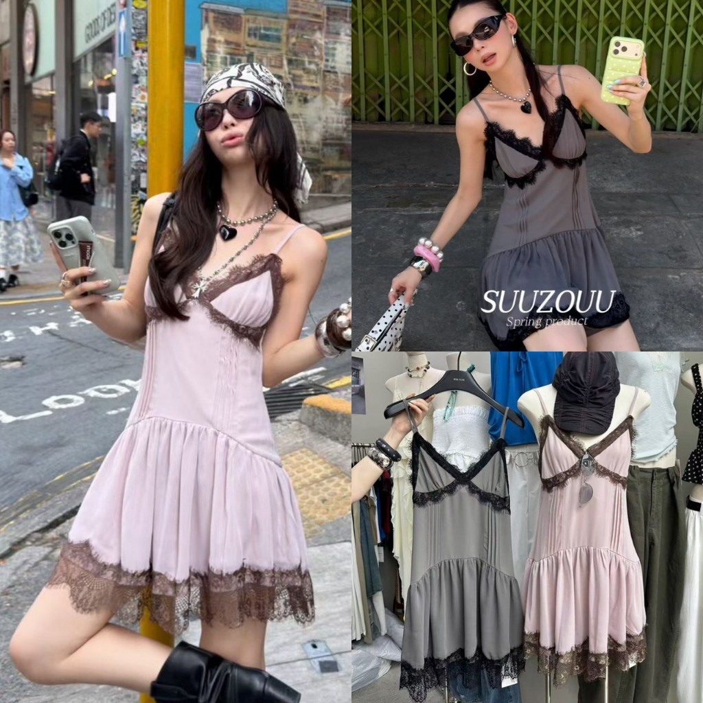 ❤ 🧵 🇰🇷 SU179 เดรสสั้นสายเดี่ยว แต่งผ้าลูกไม้ ชายแต่งระบาย ผ้าดีมีน้ำหนัก สีสวย ผ้าดีใสสบาย  แฟชั่นเกาหลี TAG MM Fish 🧡