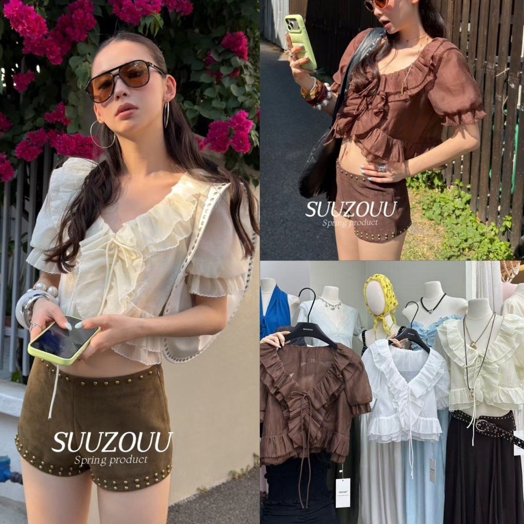 ❤ 🧵 🇰🇷 SU117 เสื้อคอวีแขนสั้น แต่งผ้าไล่เป็นชั้น แต่งโบว์ช่วงอก งานน่ารักมากๆค่า แฟชั่นเกาหลี TAG MM Fish 🧡