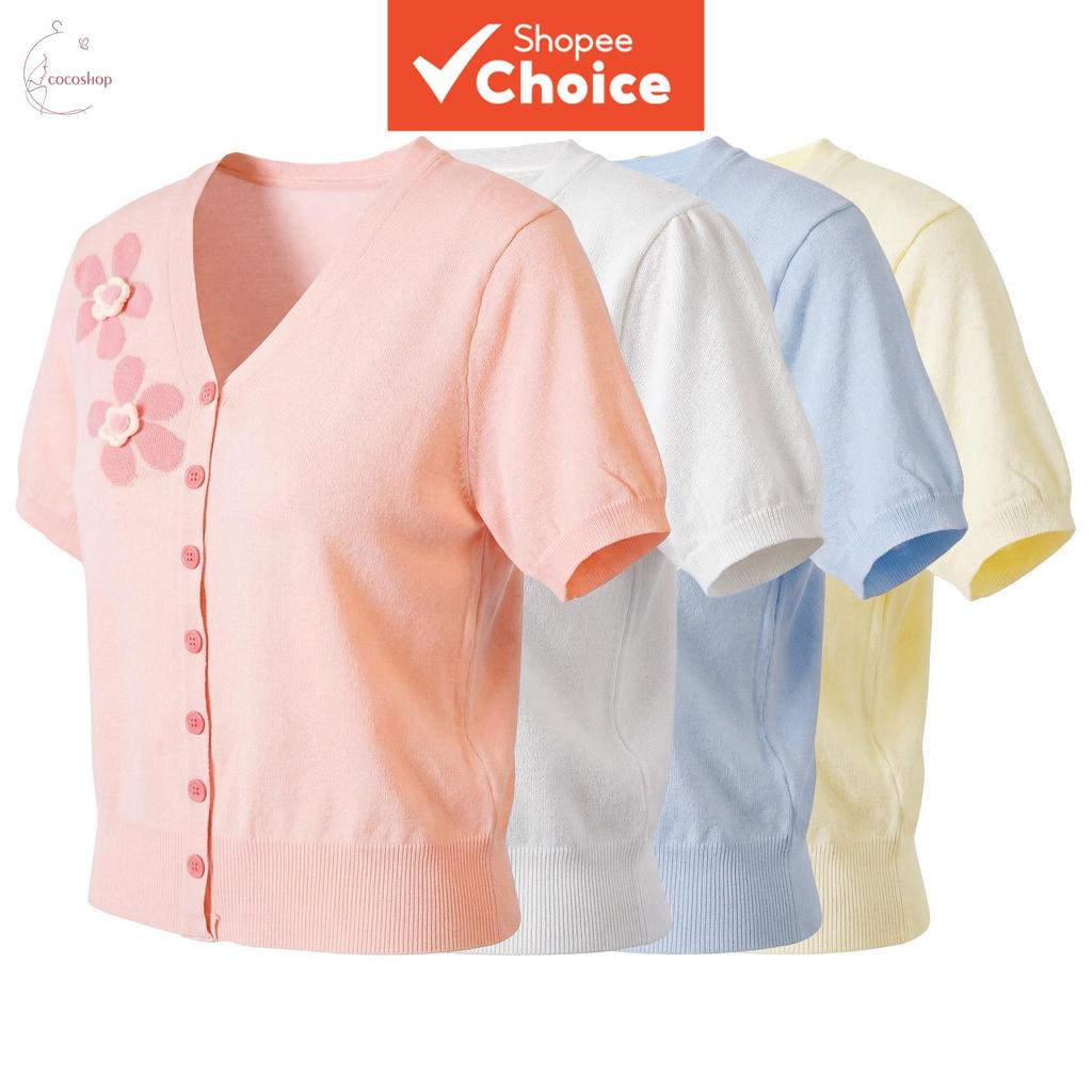 เสื้อถักสวมหัวคอวีแขนสั้นลายดอกไม้ 3ง สไตล์อ่อนโยน | เสื้อพื้นฐานลําลองอเนกประสงค์ทรงสลิมฟิต