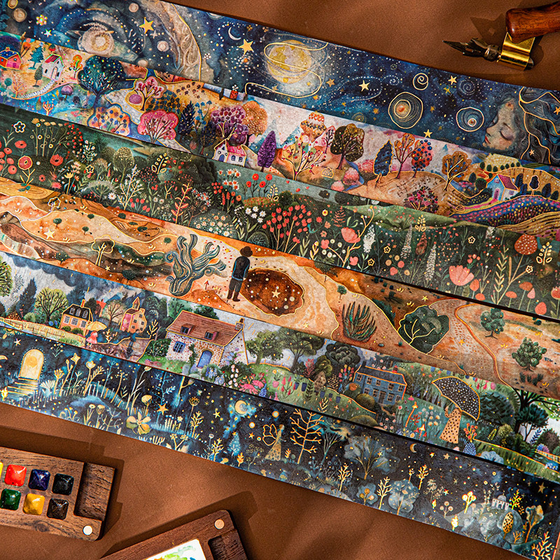 นาย กระดาษ 200 ซม./ ม้วนปิดทองและเทปกระดาษ Dreamy Village Starry Sky Forest ทิวทัศน์ธรรมชาติรูปแบบ Planner เทปภูมิทัศน์ DIY การ์ดอวยพรกรอบรูปไดอารี่ถ้วยเทปตกแต่ง