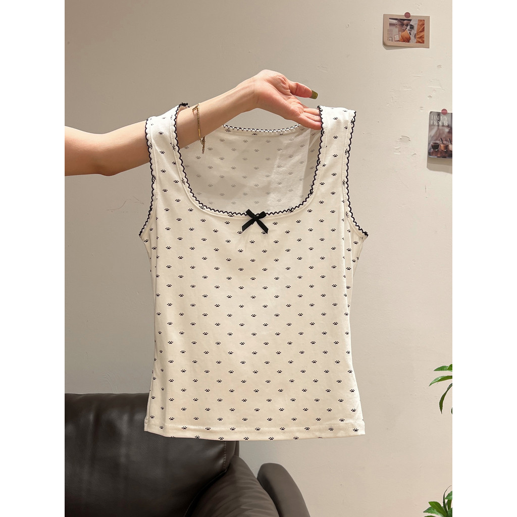 เสื้อชั้นในสตรีสไตล์เกาหลี แบบยู-คอ มีลายพิมพ์โบว์ สีขาวยุคใหม่ เนื้อบางเบาทight fit