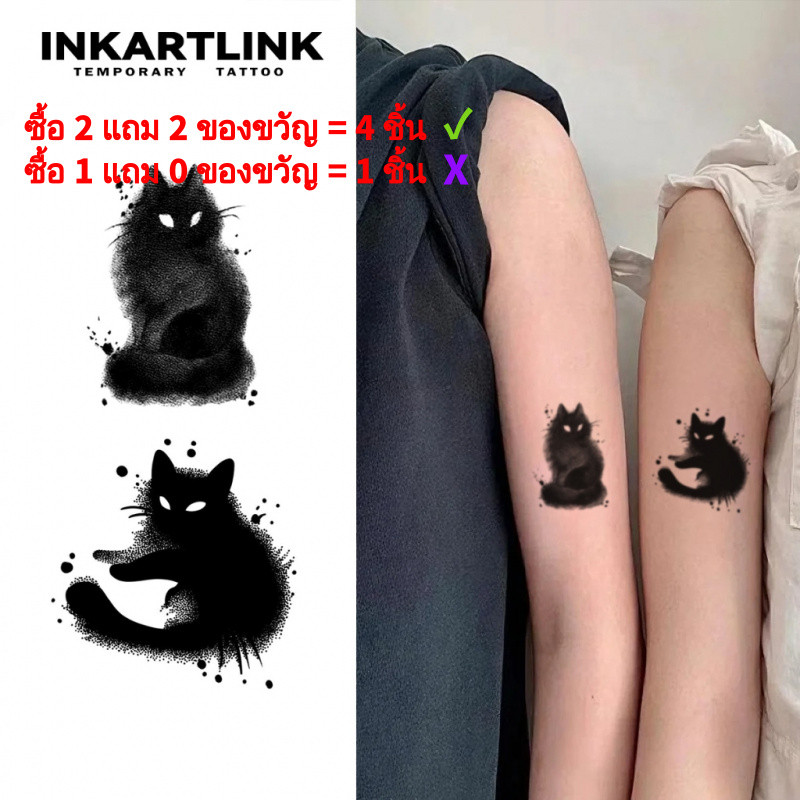Inkartlink Magic Tattoo กันน้ํา กึ่งถาวร ติดทนนาน ชั่วคราว สติ๊กเกอร์รอยสักปลอมสไตล์มินิมอล รอยสักลูกแมวสีเข้ม รอยสักปาร์ตี้ รอยสักศิลปะ 6 ซม.12 ซม.