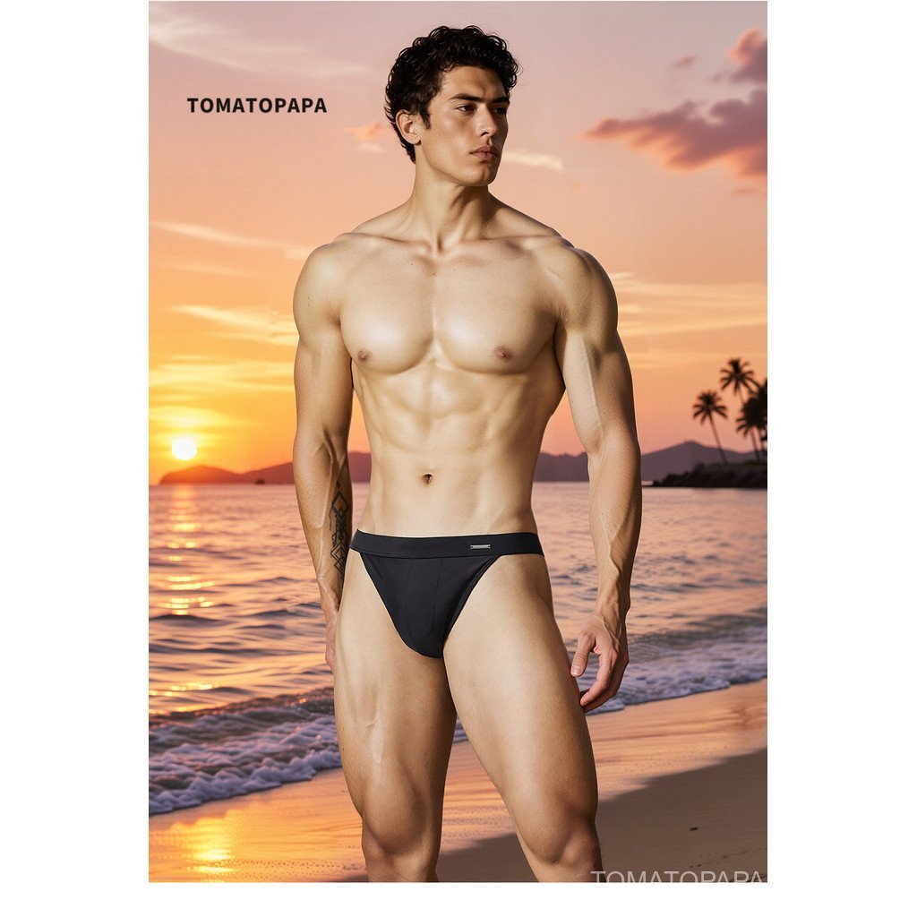 TOMATOPAPA กางเกงชั้นในชาย-ชายหาดกรีดสูงว่ายน้ําชายหาดระบายอากาศเซ็กซี่กางเกงว่ายน้ําสีทึบ
