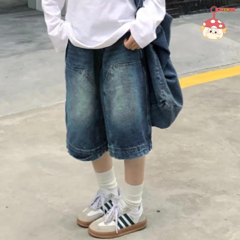 [IAQC] Y2K Vintage Baggy Jean Shorts Womens Washed Wide Leg Capri Pants Casual Barrel Jeans Denim Sh