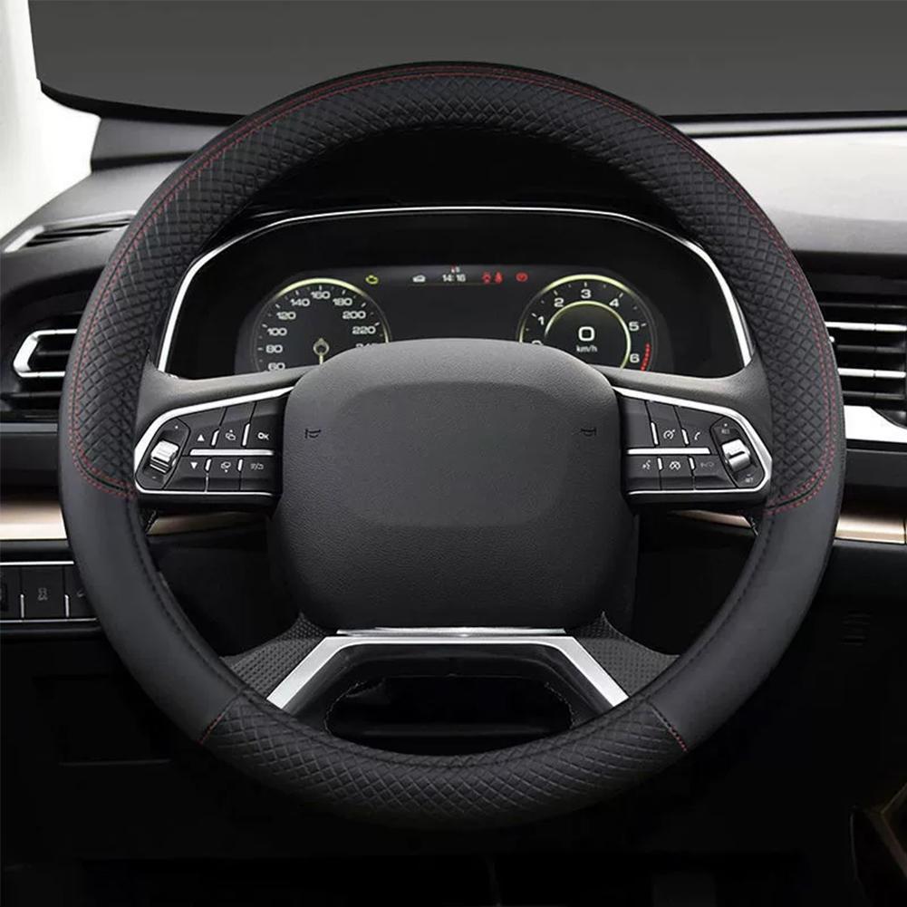 45 ซม. Checkered พวงมาลัยรถ Anti-slip หนังป้องกันสําหรับ All Seasons รถ Y0w4